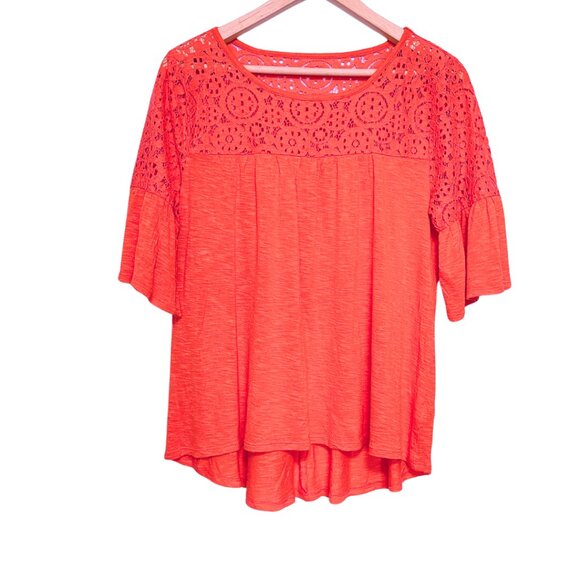 A.N.A. A New Approach Crochet Boho Top Womens Size M Coral Red Ruffle Peasant - Picture 1 of 9